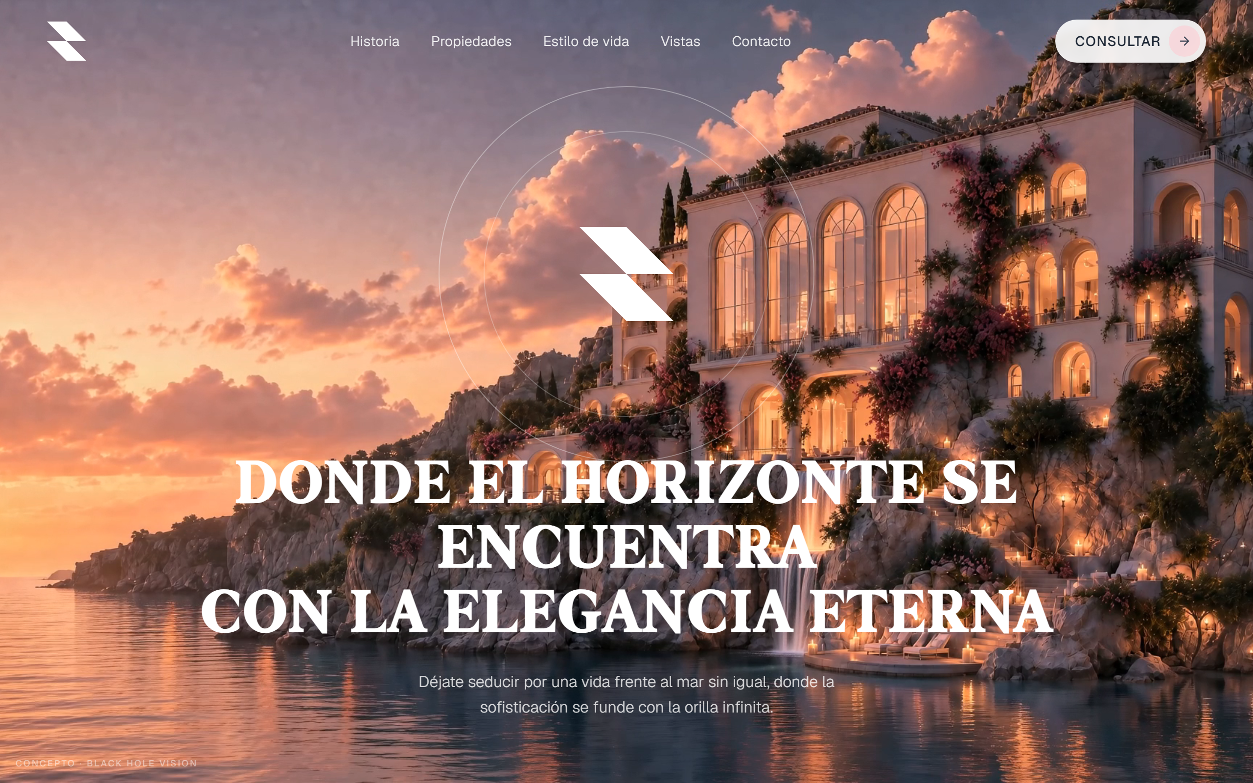Hero inmobiliario con transición de video — Horizonte