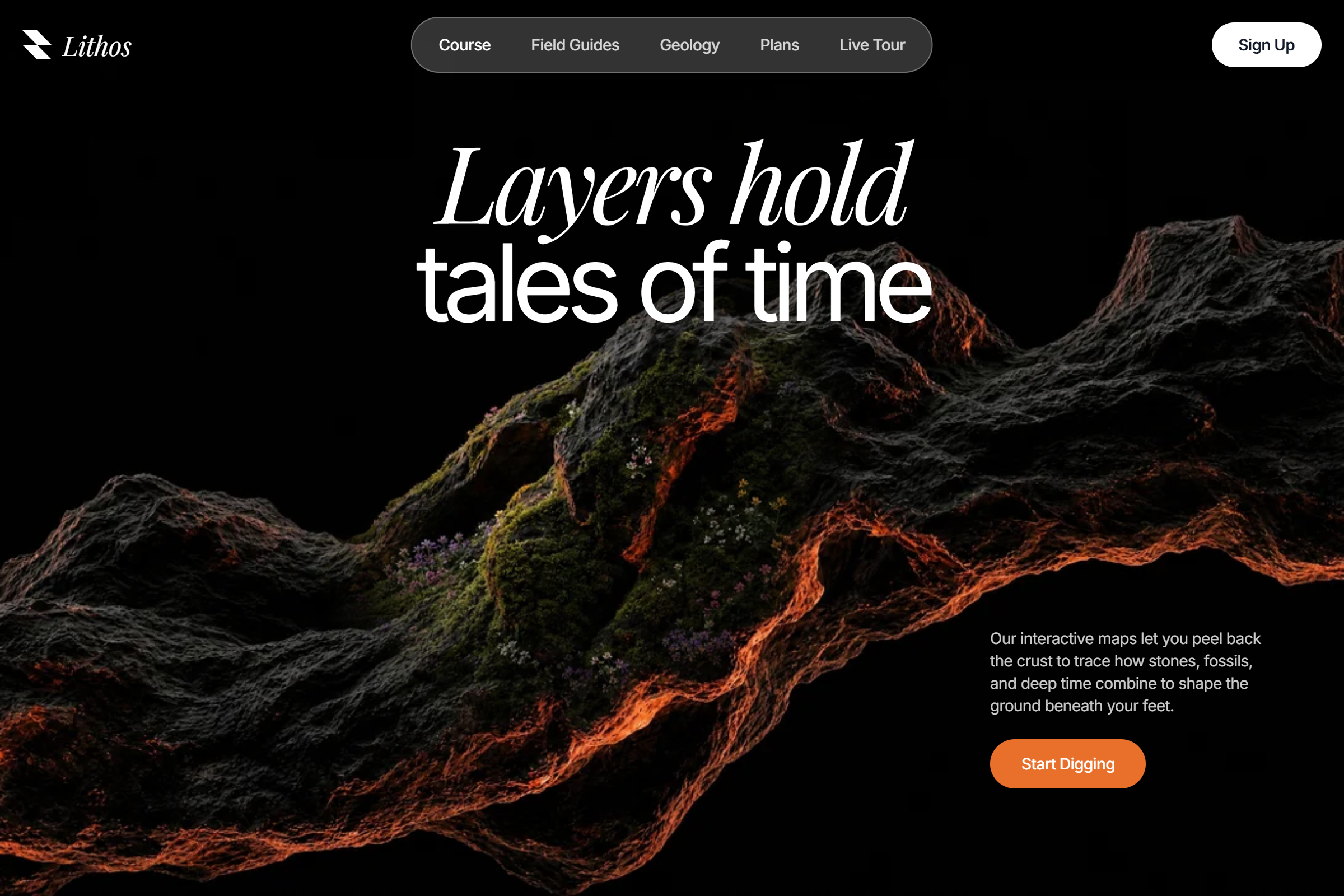 Hero editorial para plataforma de geología — Lithos