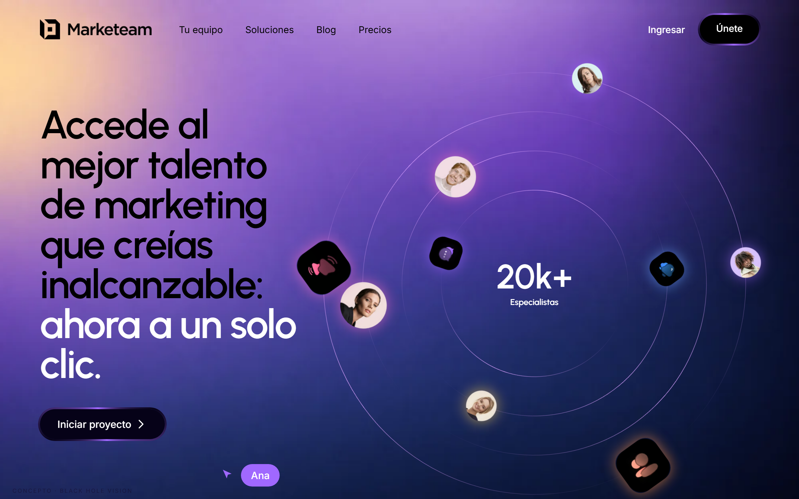 Hero con visualización de órbitas — Marketeam